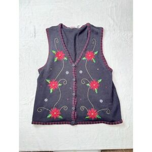 Vintage Women's XL‎ Holiday Editions Black Floral Christmas Sweater Vest Grandma
